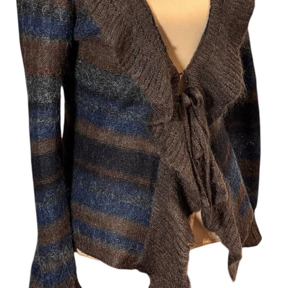 Y2K 90s Mohair Cardigan Sz.M Striped Ruffle Brown Whimsigoth Fairy Grunge Boho - Picture 3 of 14